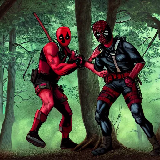 Image similar to jason voorhees fighting with deadpool in the woods digital art 4 k detailed super realistic