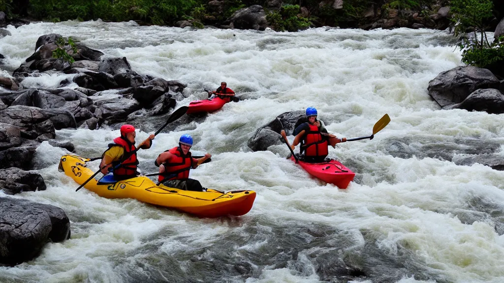 Image similar to a huge river with raging white water, mountains in the background, two kayakers navigating the rapids, epic lighting