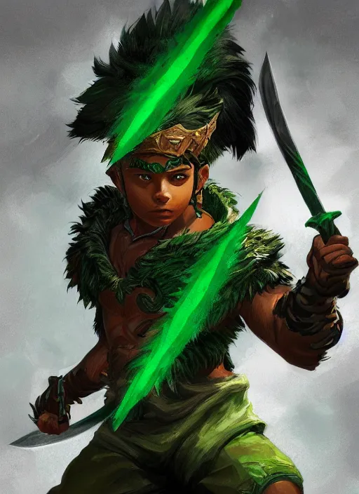 Prompt: a highly detailed illustration of fierce attractive young tanned short haired tribal latino boy wearing green wolf cape, heroic wielding sword pose, muscular, intricate, elegant, highly detailed, centered, digital painting, artstation, concept art, smooth, sharp focus, league of legends concept art, wlop