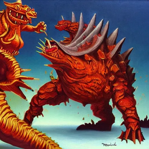 Prompt: tarrasque fighting a zaratan, oil painting
