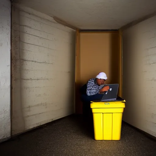 Prompt: golbin man hiding away on a computer in a dark hovel flash light lit dimly lit room