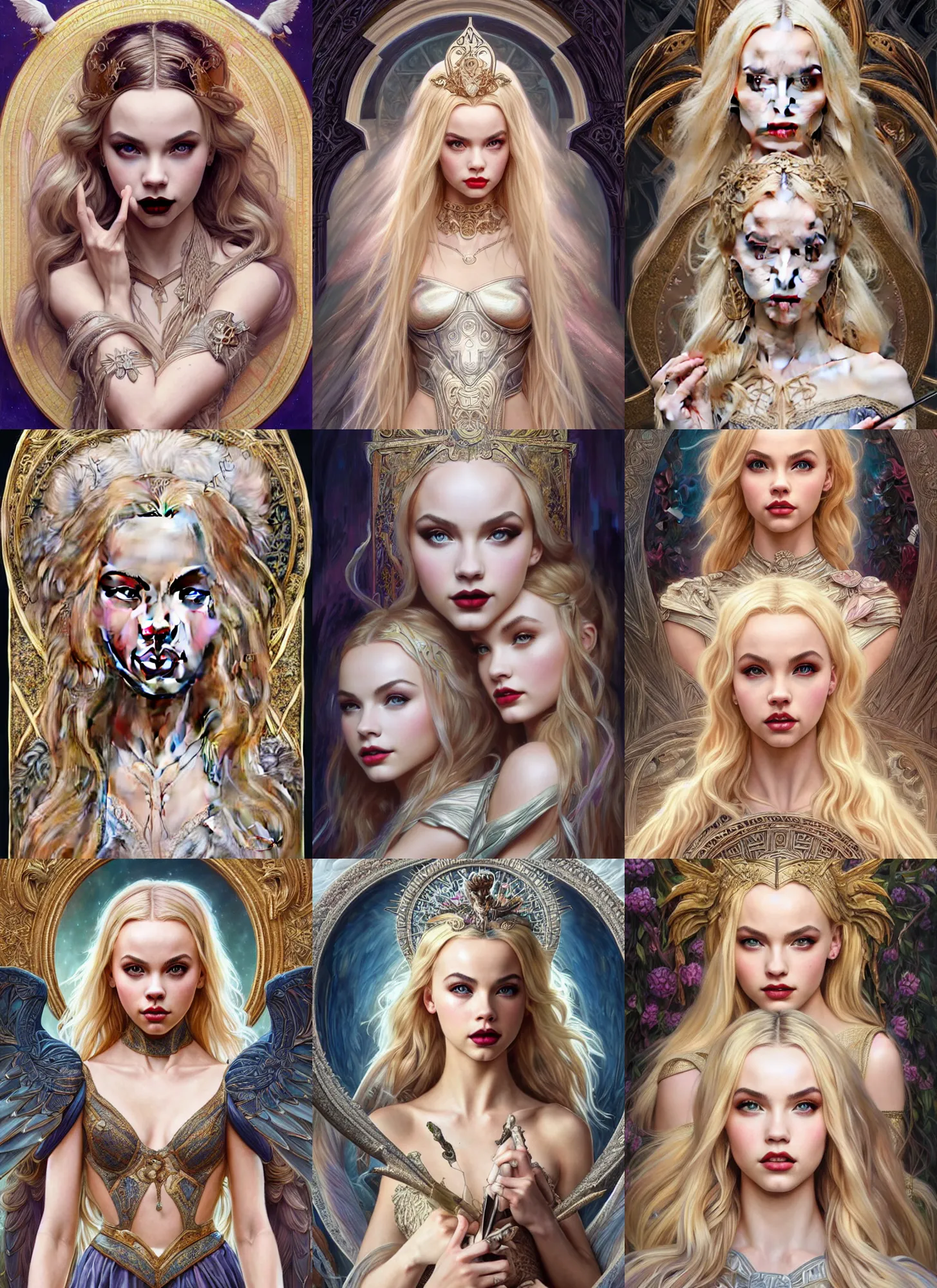 Image similar to ultra realistic illustration, a stunningly beautiful greek gothic goddess of chaos played by jordyn jones and dove cameron and margot robbie and taylor swift and megan fox, intricate, elegant, highly detailed, digital painting, artstation, concept art, smooth, sharp focus, illustration, art by artgerm and greg rutkowski and alphonse mucha