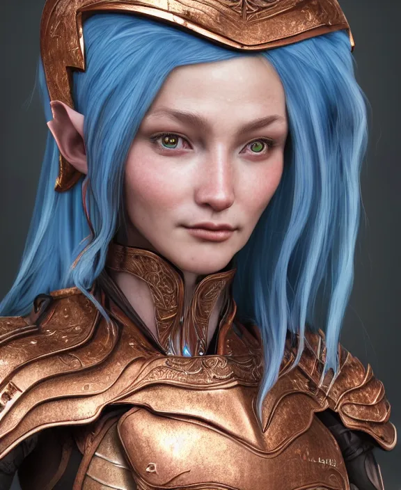 Image similar to a beautiful and highly detailed digital portrait of a dignified elf with long blue hair in a rose gold armor breastplate by artgerm, julia razumova, and lu ji, centered, artsation contest winner, cgsociety, fantasy art, cryengine, concept art, photorealism, daz 3 d, sketchfab, zbrush, vray