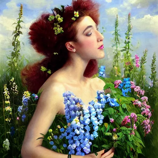 Image similar to a portrait of a romantic woman with flowers grow out of hair, roses peonies forget-me-nots dahlias lupins gladioli, sky theme in background, by Alexandr Averin, Digital Art, Trending on artstation