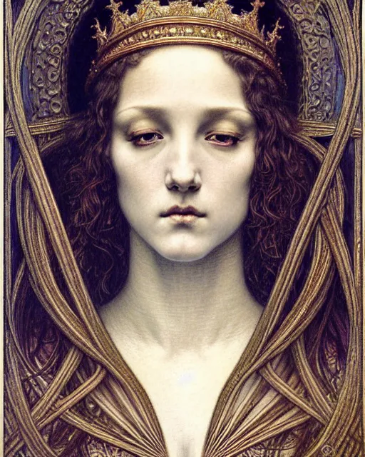 Image similar to detailed realistic beautiful young medieval queen face portrait by jean delville, gustave dore and marco mazzoni, art nouveau, symbolist, visionary, gothic, pre - raphaelite. horizontal symmetry