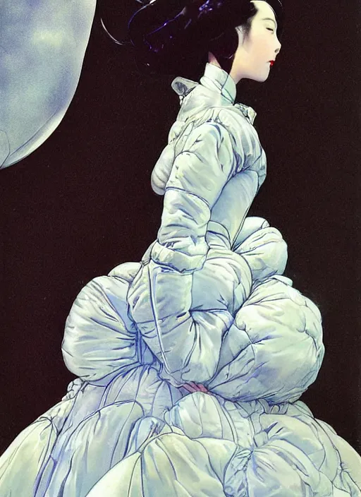 Prompt: a copic maker art nouveau portrait of a real japanese model girl detailed features wearing a puffy futuristic weeding puffy and latex suit dress designed by balenciaga by john berkey, norman rockwell akihiko yoshida