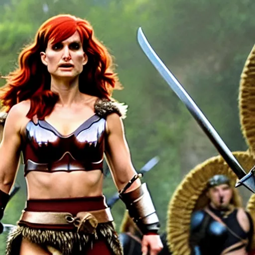 Image similar to natalie portman as red sonja, fight scene