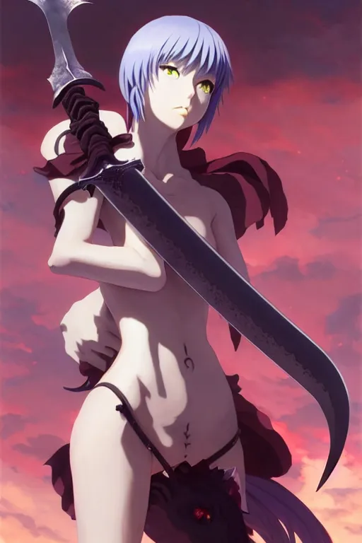 Image similar to a full body of the catgirl holding guts great sword, finely detailed features, closeup at the faces, perfect art, gapmoe yandere grimdark, trending on pixiv fanbox, painted by miura kentaro greg rutkowski makoto shinkai takashi takeuchi studio ghibli, akihiko yoshida