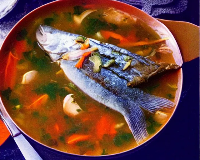 Image similar to 1970's cookbook color photograph of fish head soup sharp detail high detail