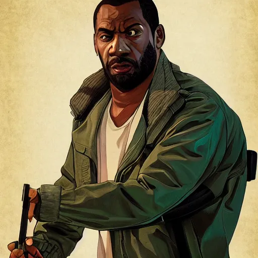 Prompt: lee everett, gta v cover art, art by stephen bliss