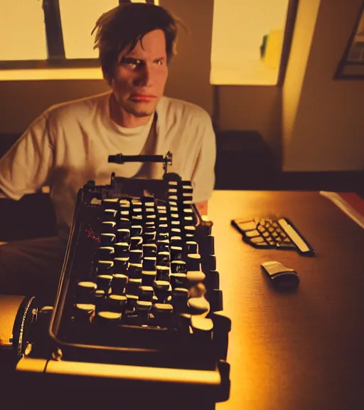 Prompt: Leica Zeiss hd portrait photo of Steven king using typewriter next to dark tower in synthwave style trending