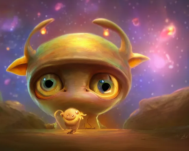 Image similar to 3D Fantasy Cute and adorable small alien piggy in space, huge adorable eyes, bright stars, Smooth 3D Illustration, soft render, Servando Lupini, Daniil Kudriavtsev, handpaint texture, Blender, 3DCoat