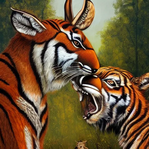 Image similar to a painting of deer and tiger facing each other, their heads bowed towards ground by esao andrews