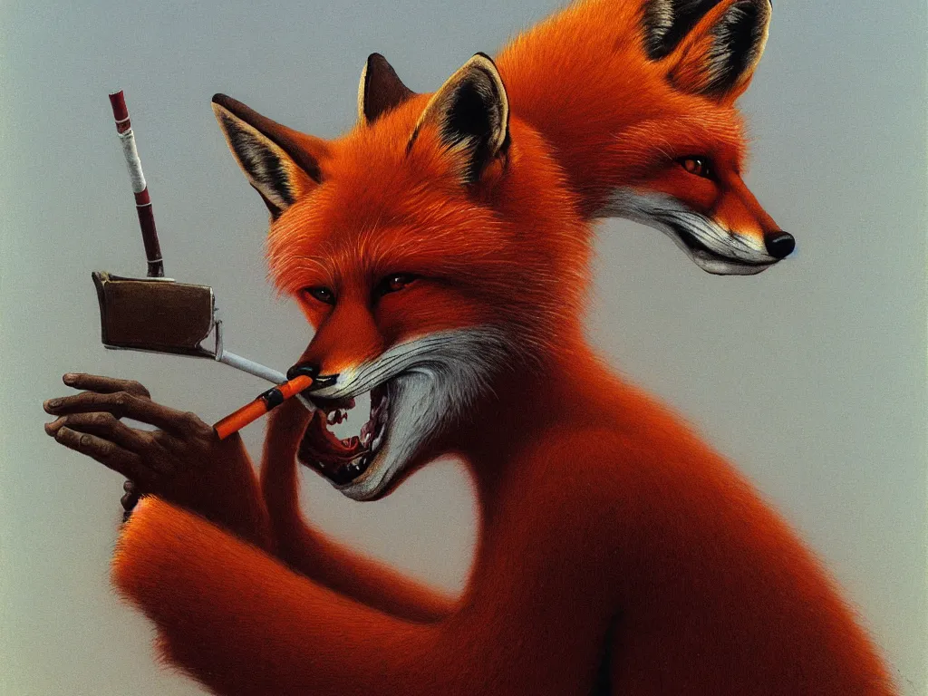 Prompt: an anthropomorphic male red fox fursona smoking a joint, by zdzisław beksinski and greg rutkowski, surreal, horror, 8 k