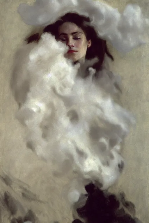 Image similar to 4k Detailed portrait by John Singer Sargent of A woman shrouded in a cloud of smoke