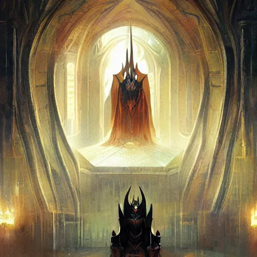 Image similar to Sauron resting in his throne, throne room, oil painting, by Greg Rutkowski