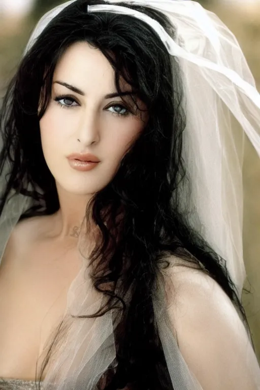 Image similar to young arab Monica Bellucci, blue eyes, long wavy black hair, white veil, closeup, focus, colored, long face