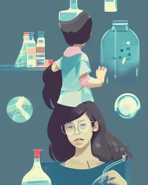 Image similar to a little girl is doing a science experiment. clean cel shaded vector art. minimalist illustration art by lois van baarle, artgerm, helen huang, by makoto shinkai and ilya kuvshinov, rossdraws