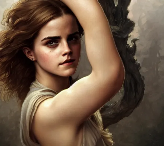 Image similar to photography emma watson with hands - up and hairy armpits, deep focus, intricate, elegant, highly detailed, digital painting, artstation, concept art, matte, sharp focus, illustration, art by artgerm and greg rutkowski and alphonse mucha and gil elvgren