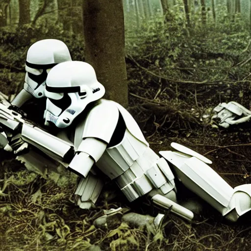 Image similar to war photography, the falling soldier, imperial stormtrooper, moment of death frozen in time, in endor, the body lies placidly on the ground, groundbreaking, breathtaking, awardwinning, by robert capa, digital intricate art, hyperrealist, detailed, 8 k, 3 5 mm, canon, extreme long shot