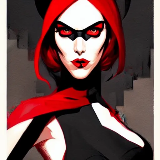 Image similar to rafael albuquerque comic art, peter mohrbacher, phil noto, artgerm, pretty evil elizabeth olson witch, black and red dress, symmetrical eyes