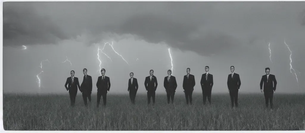 Prompt: 1 3 mm film photograph of a group of tall suited men in a field, liminal, dark, thunderstorm lightning, dark, flash on, blurry, grainy, unsettling