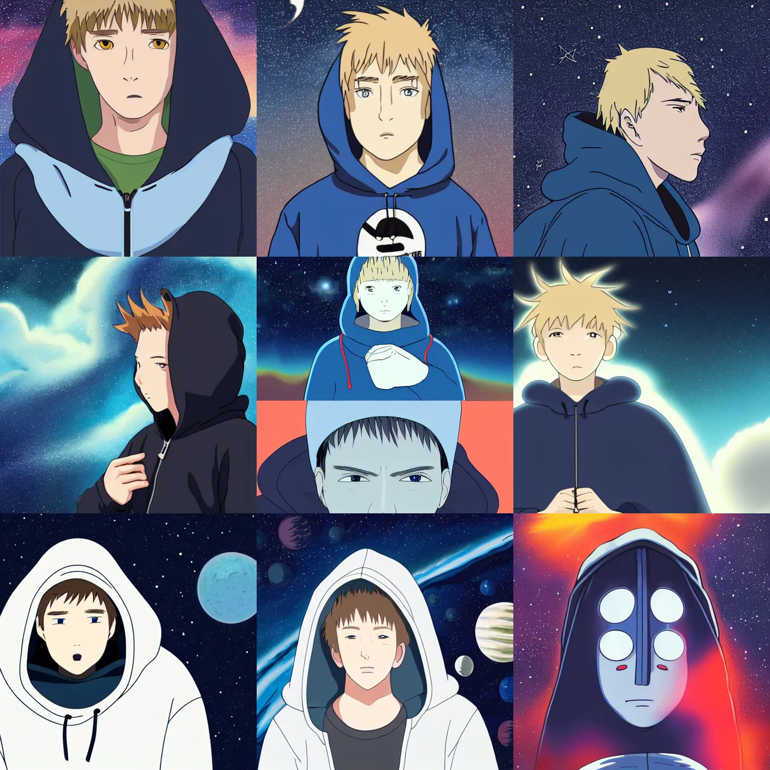 Prompt: Spirited away dark blonde guy with blue eyes wearing a hoodie in space, astonishing background, detailed face, centered