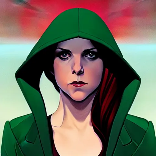 Prompt: Phil Noto comic art, Joshua Middleton art, cinematics lighting, beautiful Anna Kendrick supervillain, green dress with a black hood, angry, symmetrical face, Symmetrical eyes, full body, flying in the air over city, night time, red mood in background