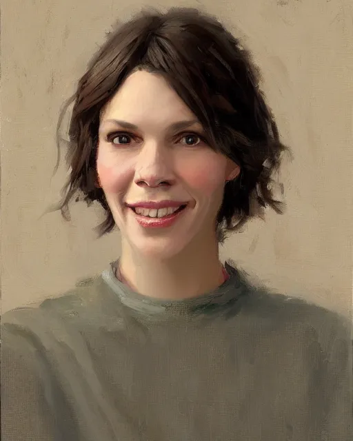 Prompt: a portrait painting of sabrina lloyd / perdita weeks / nicole de boer hybrid oil painting, gentle expression, smiling, elegant clothing, scenic background, behance hd by jeremy lipkin