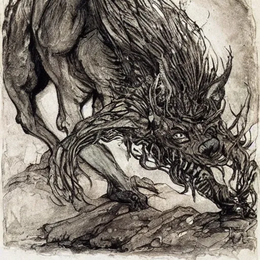 Prompt: And what rough beast, its hour come round at last, slouches towards Bethlehem to be born?, painted by Arthur Rackham