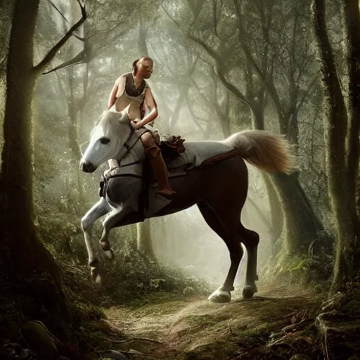 Prompt: a man riding on the back of a white horse through a forest, a detailed matte painting by frieke janssens, featured on cgsociety, fantasy art, matte painting, reimagined by industrial light and magic, matte drawing