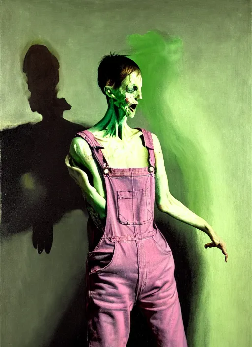 Prompt: an insane, skinny artist wearing torn overalls, expressively, interpretative dance with a large ghost, depth of field, hauntingly surreal, highly detailed oil painting, by francis bacon, edward hopper, adrian ghenie, glenn brown, soft light 4 k, pink and green colour palette, cinematic composition, cinematic lighting, high quality octane render, masterpiece