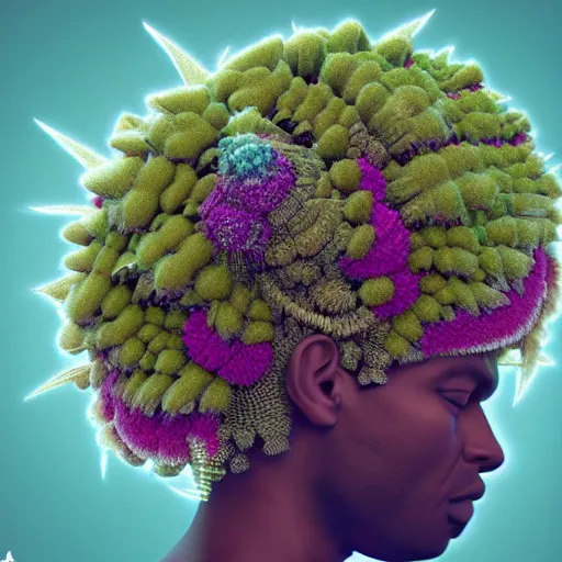 Image similar to an african marijuanna! shaman with an afro made of flowers, third eye art art by machina infinitum, complexity from simplicity, rendered in octane, mandelbulb 3 d, ambient occlusion, radiant lighting, macro photography, felt!!! texture, tribal, pastel! retrowave