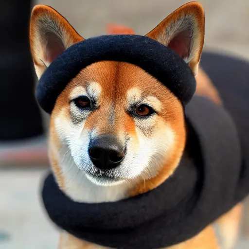 Image similar to A Shiba Inu dog wearing a beret and black turtleneck