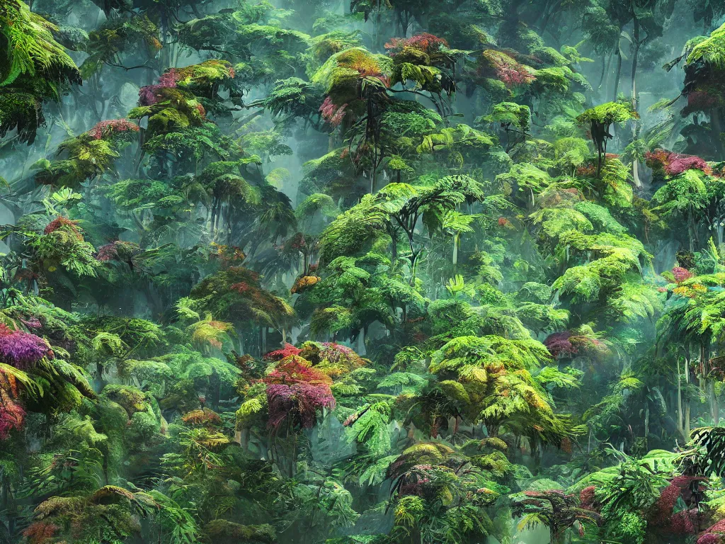 Image similar to a beautiful otherworldly fantasy landscape of dense mechanical shattered lush ferns and evergreen trees in hyper detail like the pacific northwest, vivid glowing colors, extreme detail, studio ghibli and pixar and abzu, rendering, cryengine, deep colors, aerial perspective, epic scale, vray render, cgsociety