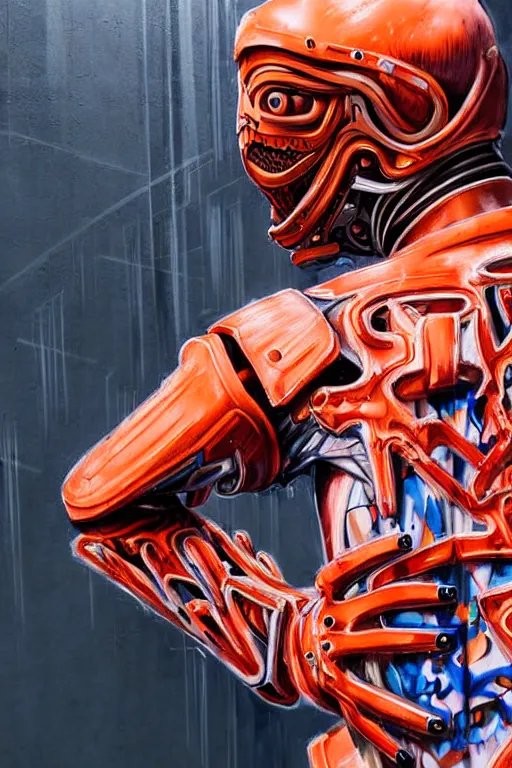 Prompt: hyperrealistic close-up exoskeleton!! chinese man covered in graffiti highly detailed concept art eric zener elson peter cinematic hard orange lighting high angle hd 8k sharp shallow depth of field
