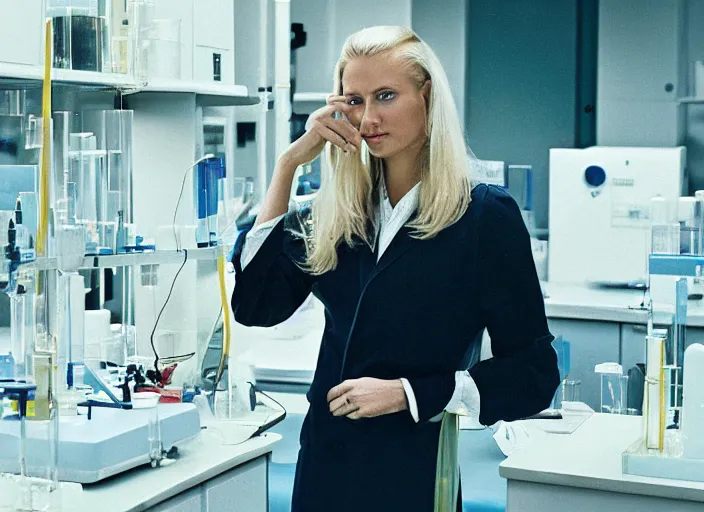 Prompt: a photograph from vogue magazine of a fashionable blond scientist in a lab, full body, shot on film, iso 4 0 0