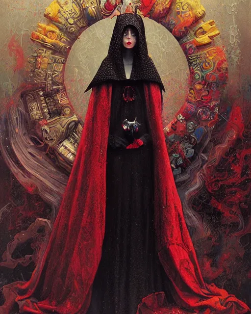 Prompt: portrait of a medieval scarlet hooded woman priestess, goth punk, floral flowers, rainbow colors, surreal, a flemish baroque by alexander mcqueen, art by john collier by greg rutkowski and craig mullins, oil on canvas