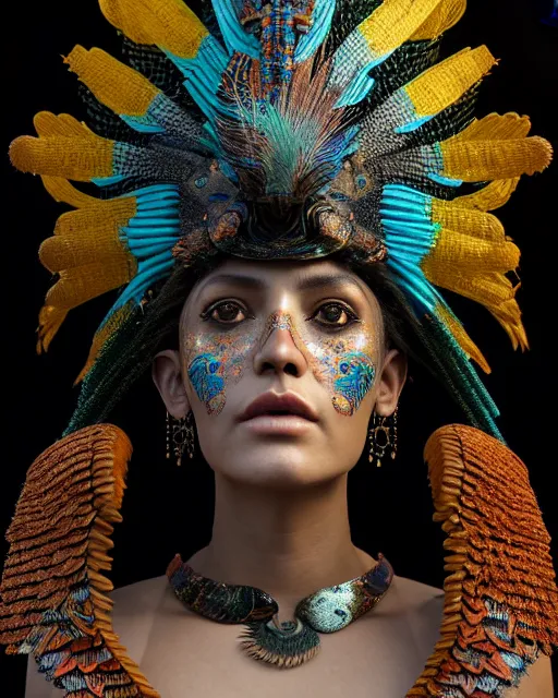 Prompt: 3 d warrior goddess close - up profile portrait. beautiful intricate highly detailed mexican magpie helm and richly embroidered blouse, quetzalcoatl, stingray, bioluminescent, plasma, lava, ice, feather, wind, stormy, artwork by tooth wu and wlop and annie leibovitz, octane 3 d render