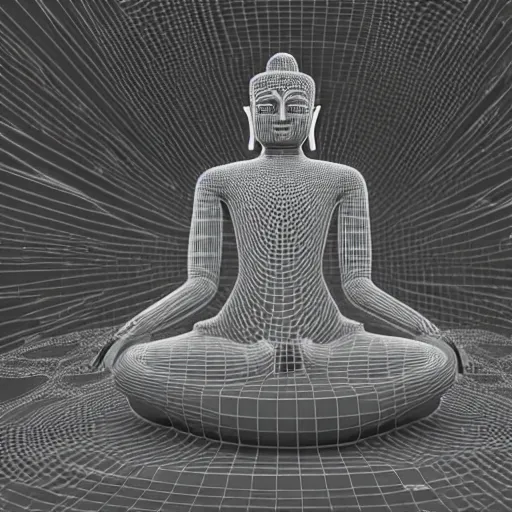 Image similar to robotic lifeform buddha meditating in front of a beautiful fractal neural network :: Unreal Engine 3d render