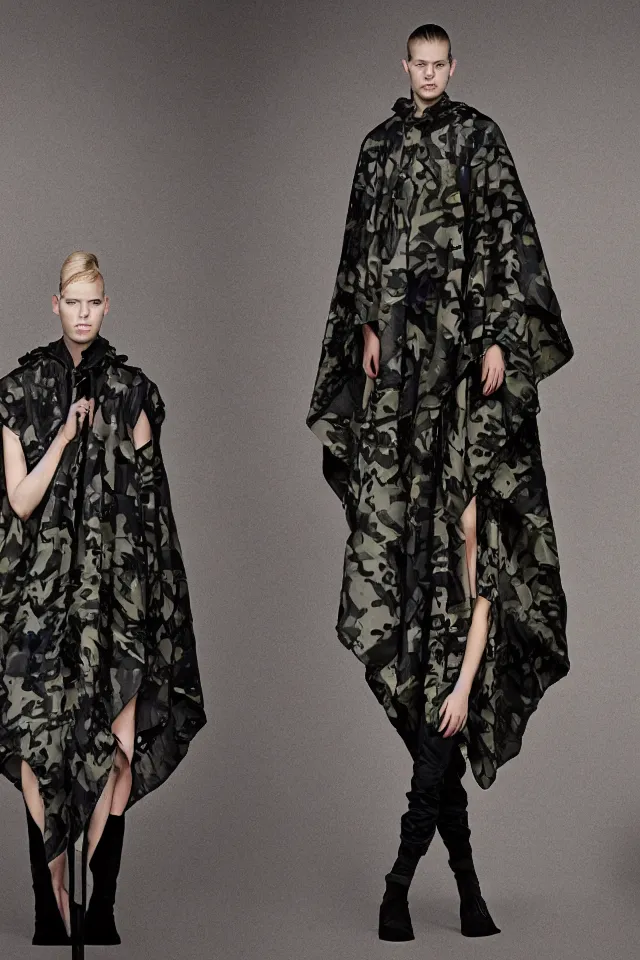 Image similar to fashion design, tactical camouflage poncho by alexander mcqueen and acronym