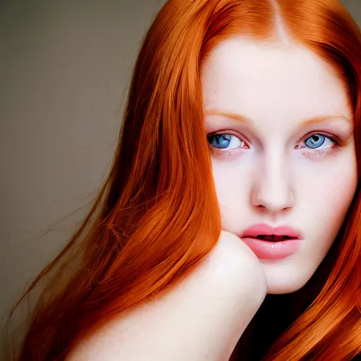 Prompt: a beautiful professional photograph by mario testino from a photoshoot of a beautiful and attractive ginger female 1 9 years old fashion model looking at the camera in a flirtatious way, zeiss 5 0 mm f 1. 8 lens