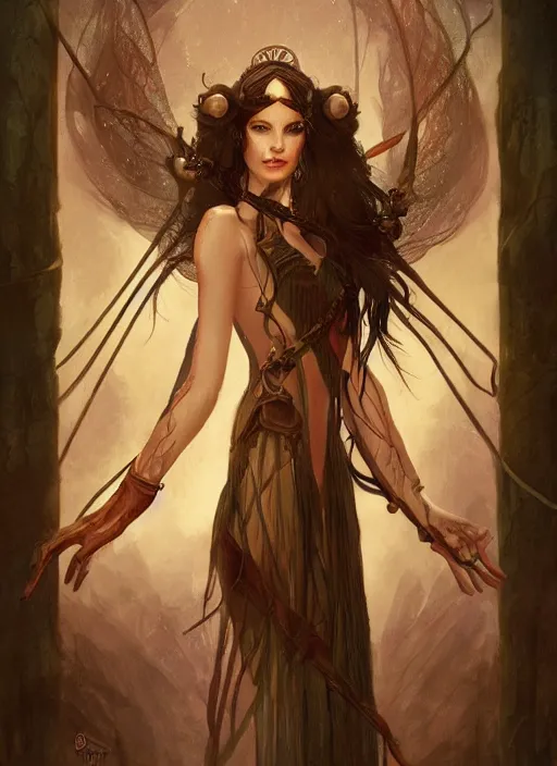 Image similar to tarot!!, fairy queen, fantasy medieval, no noise, elegant, concept art, sharp focus, beautiful face!!, digital art, smooth defined outlines!!, by Brom, trending on Artstation, Tom Bagshaw, Sargent