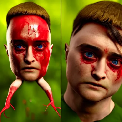 Image similar to hybrid of daniel radcliffe and a!! radish!!, film still,!! red skin!!,!! leaf ears!!, daniel radish, makeup, unreal engine 5, seeds, 8 k, trending on artstation