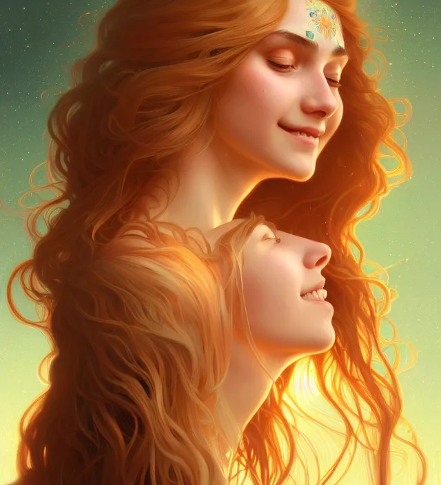 Prompt: symmetry!! portrait of hippie girl smiling, glowing hair!! serene, intricate, elegant, highly detailed, digital painting, artstation, concept art, smooth, sharp focus, illustration, art by artgerm and greg rutkowski and alphonse mucha, 8 k