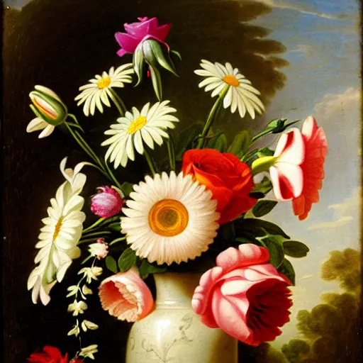 Image similar to a still life of a vase of flowers with a mix of roses daisies and lilies.