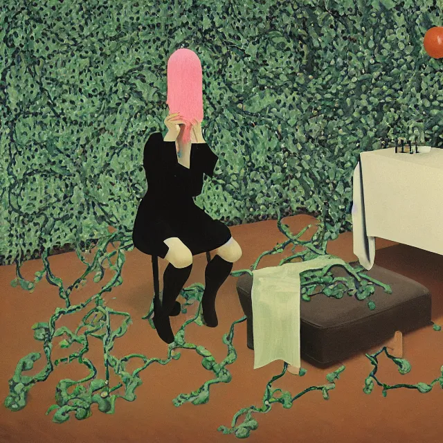 Image similar to a pathology student in her apartment, wrapped in vines, large stones, pig, black walls, ikebana, black armchair, puddles, moss, acrylic on canvas, surrealist, by magritte and monet