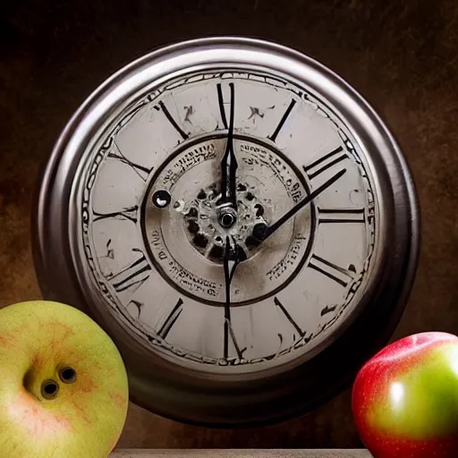 Image similar to hd ultra detailed a clock with the word 'Nick' inscribed on it and an apple by tommy ingberg