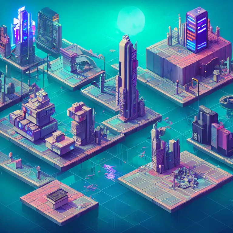 Prompt: isometric cyberpunk diorama!!! in ocean, magical lighting, photorealistic rendering, raytraced reflections, cinematic lighting