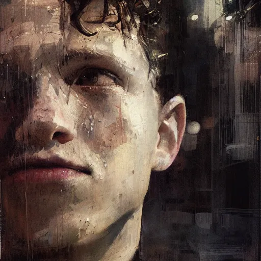 Image similar to portrait of an emotional tom holland as spiderman, by jeremy mann, anders zorn.